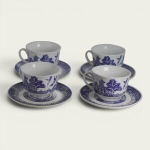 Royal Cuthbertson Blue Willow Demitasse Espresso Cups Saucers Set of 4 China